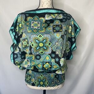 Takara Aqua Black Paisley Blouse Womens Sz M Satin Feel Rouched Bottom Boho